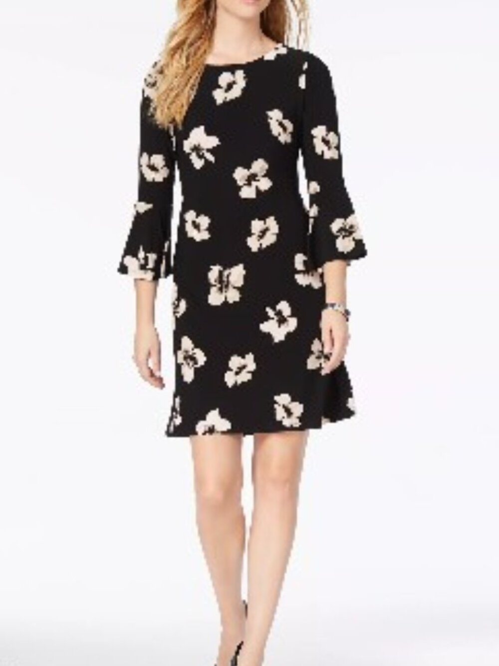Printed Jersey Bell Sleeve A-line Black Dress with Blush Flowers